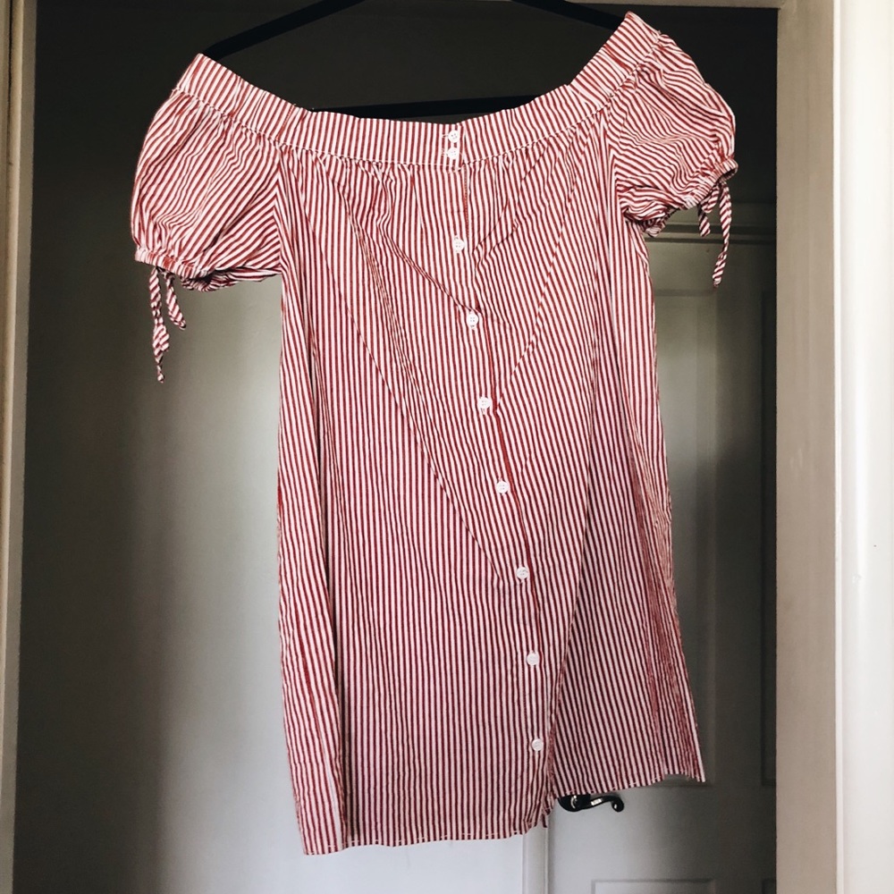 Red & White Striped Off-the-Shoulder Dress